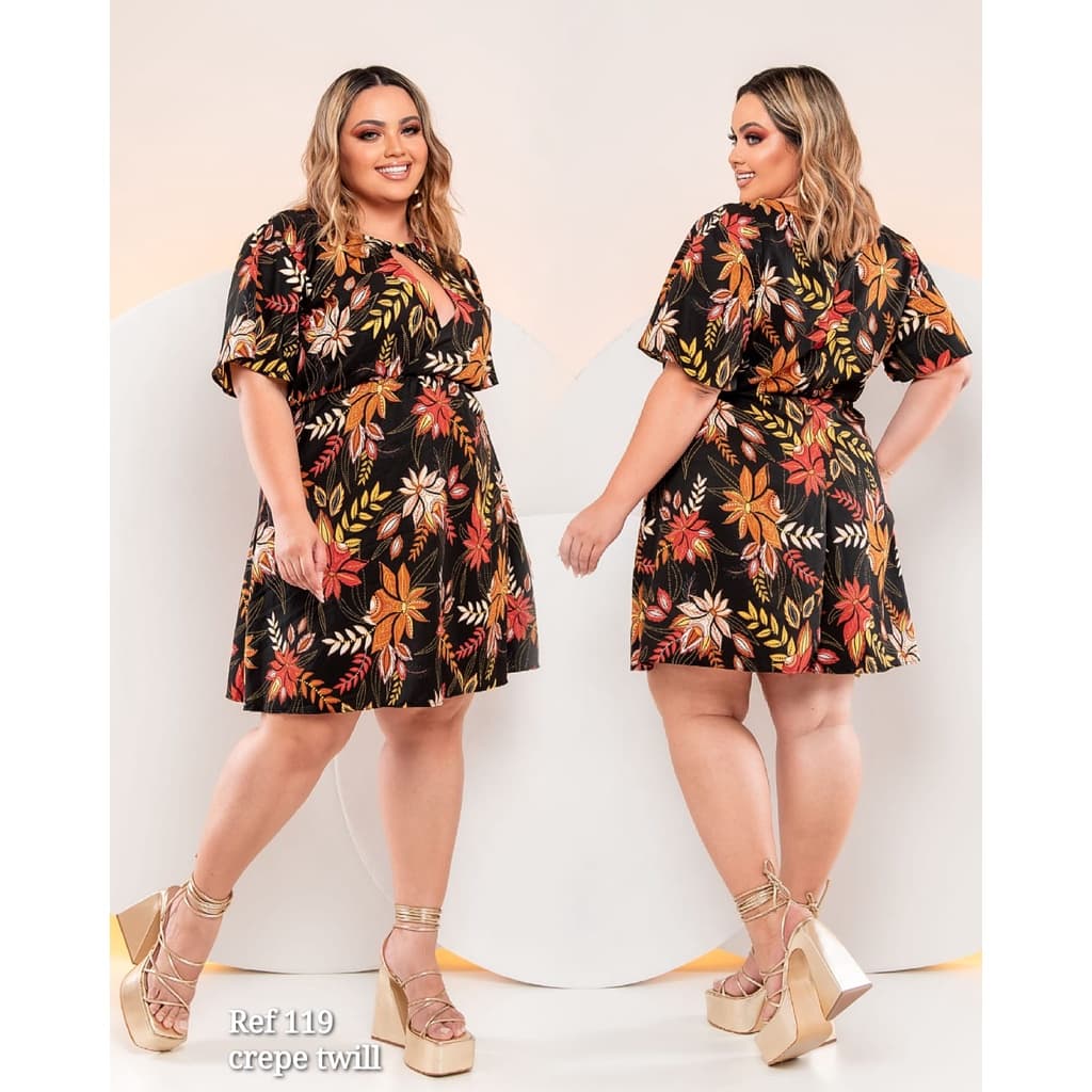 Vestido Feminino Plus Size Soltinho Curto Manga Flare Acinturado