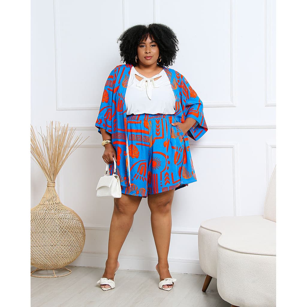 Conjunto Kimono e Bermuda Plus Size Estampado Azul