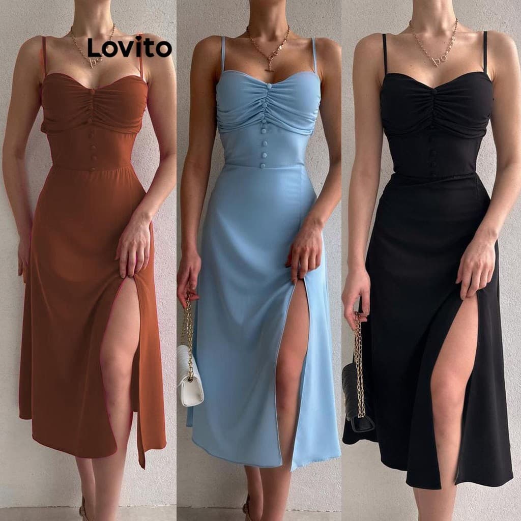 Lovito Elegante Vestido Feminino Liso Plissado com Fenda e Botão Frontal LNL39191 (Marrom/Azul Claro/Preto)