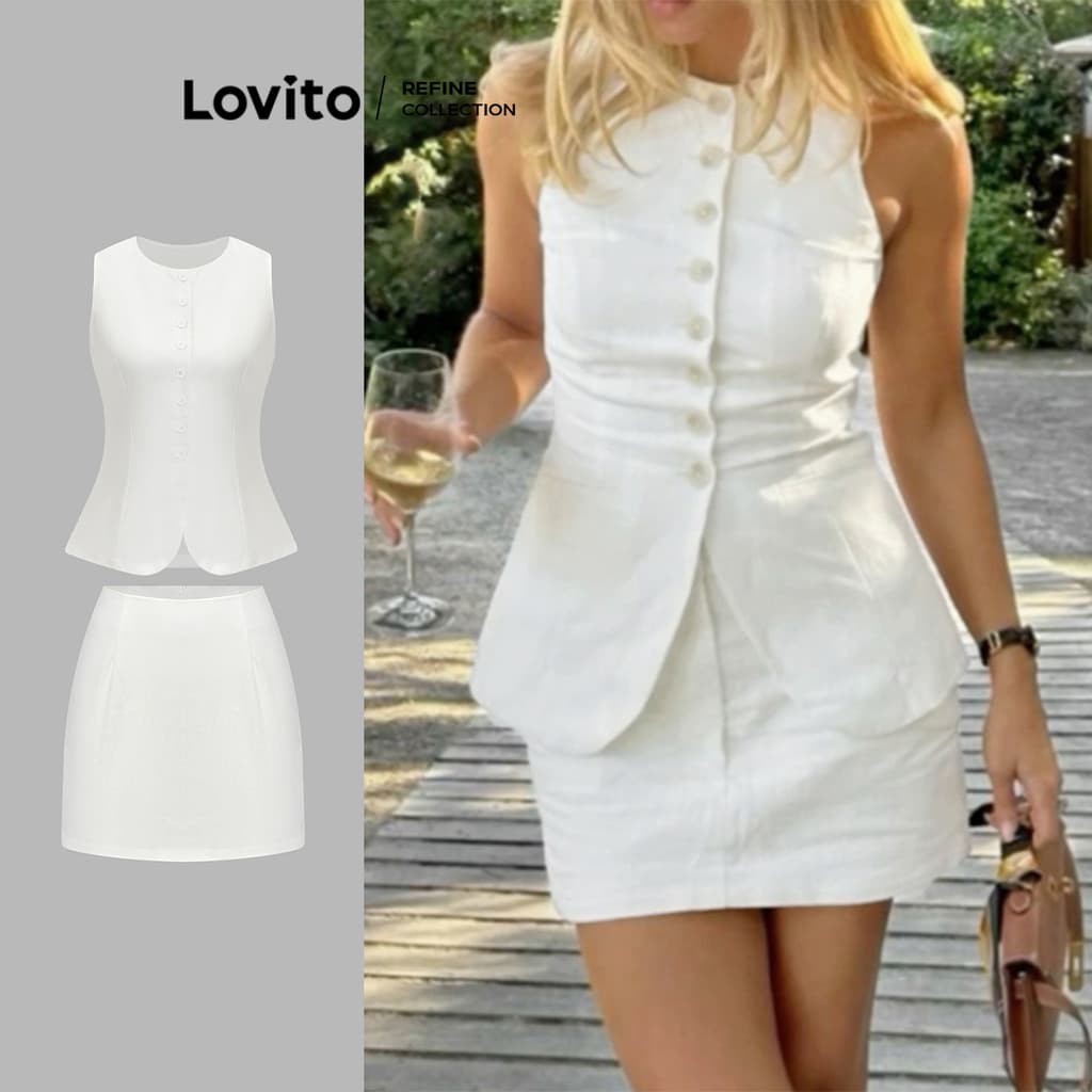 (Lovito Refine) Tops ou calças femininas elegantes com botões lisos L104ED004