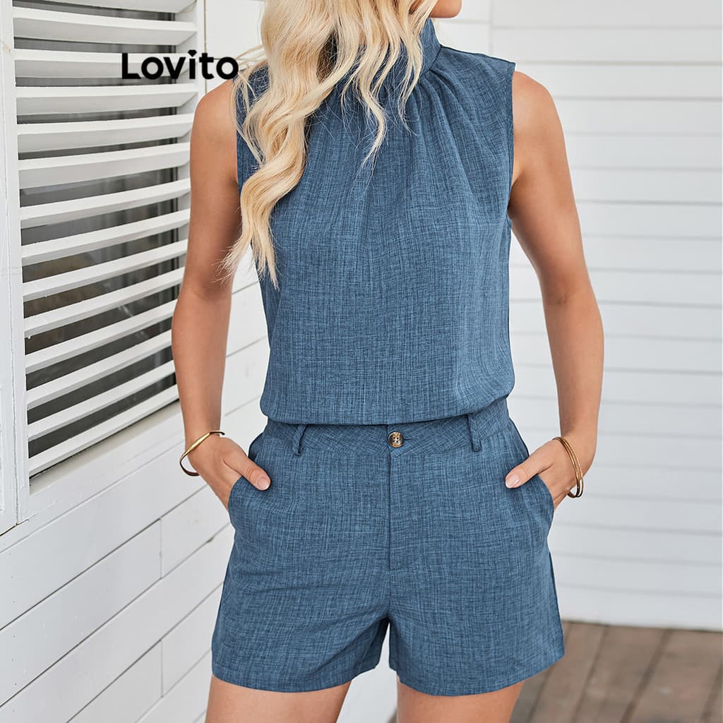 Lovito Tops ou calças femininas casuais lisas com bolso nas costas LBL18842